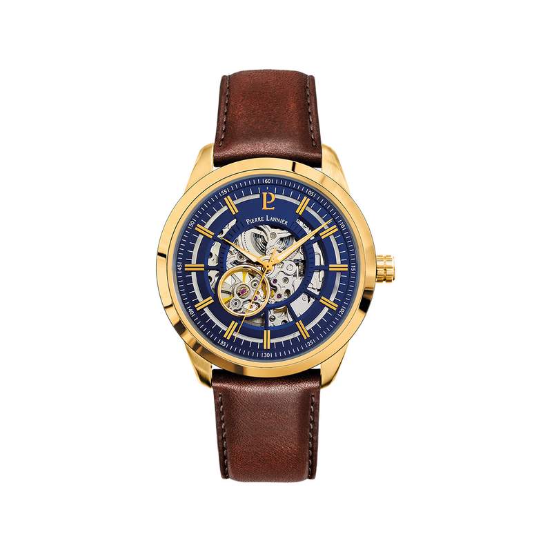 Montre PIERRE LANNIER automatic homme automatique acier doré bracelet cuir brun - vue 1