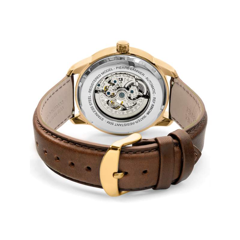 Montre PIERRE LANNIER automatic homme automatique acier doré bracelet cuir brun - vue 3