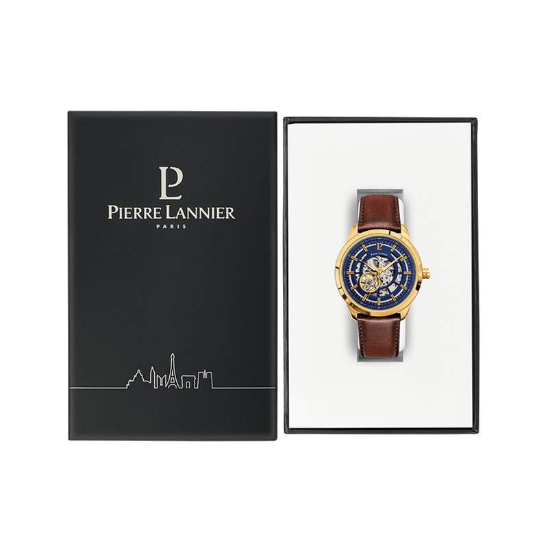 Montre PIERRE LANNIER automatic homme automatique acier doré bracelet cuir brun - vue D1