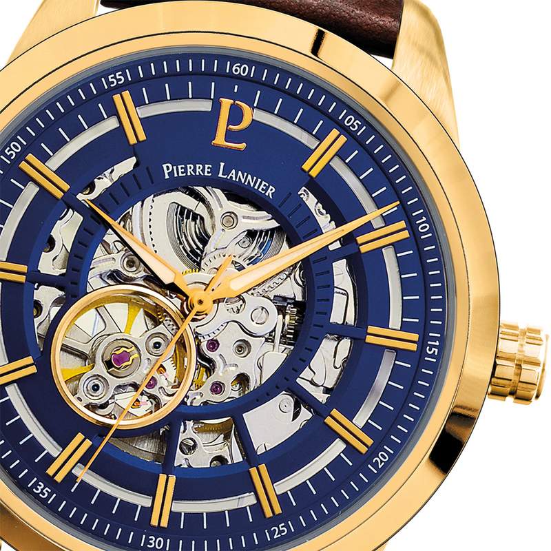 Montre PIERRE LANNIER automatic homme automatique acier doré bracelet cuir brun - vue D2