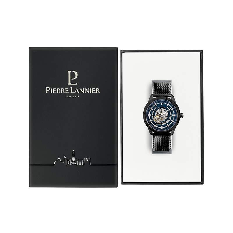 Montre PIERRE LANNIER automatic homme automatique acier bleu bracelet acier noir - vue D1