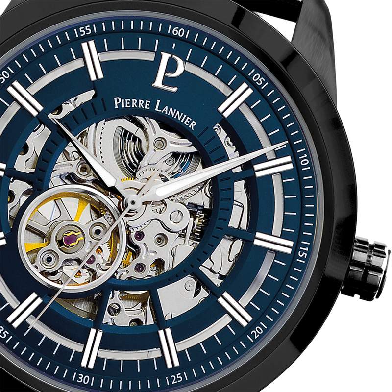 Montre PIERRE LANNIER automatic homme automatique acier bleu bracelet acier noir - vue D2