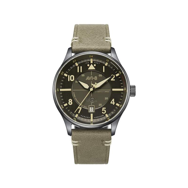 Montre AVI 8 HawKer Hurricane homme automatique acier bracelet cuir vert kaki - vue 1