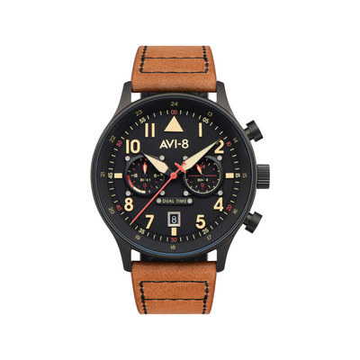 Montre AVI 8 Hawker Hurricane homme acier noir bracelet cuir caramel - vue 1