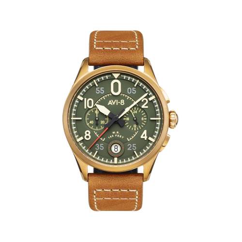 AVI 8 Spitfire men's watch gold-plated steel caramel leather strap