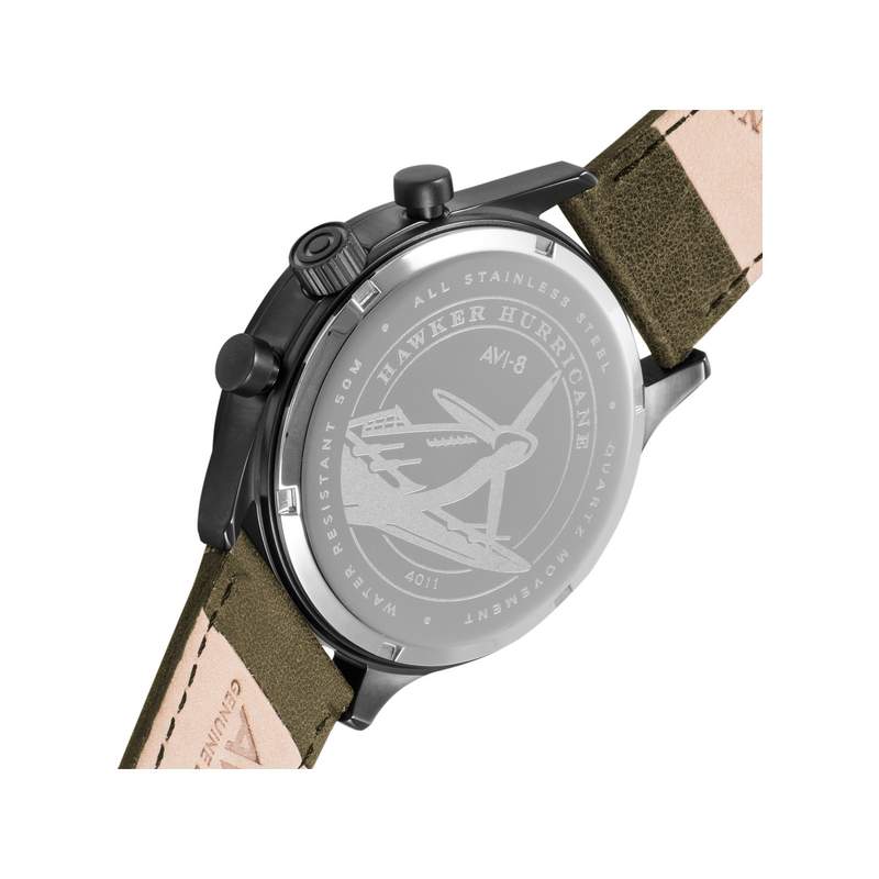 Montre AVI 8 Hawker Hurricane homme acier bracelet cuir vert kaki - vue 3