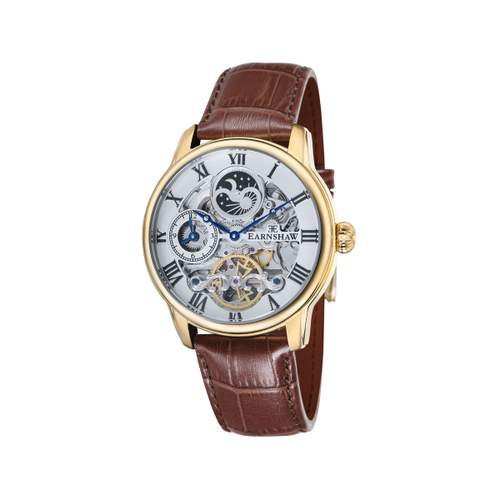 Montre EARNSHAW Longitude homme automatique acier doré bracelet cuir marron