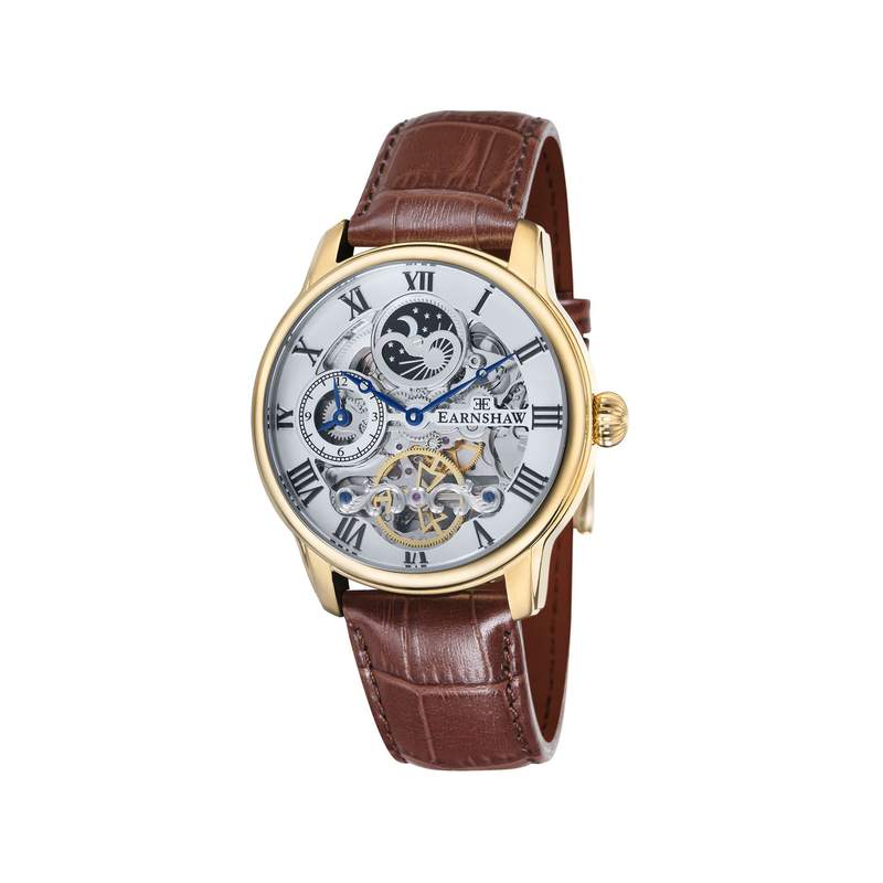 Montre EARNSHAW Longitude homme automatique acier doré bracelet cuir marron - vue 1