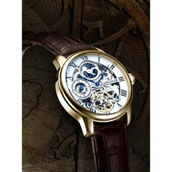 Montre EARNSHAW Longitude homme automatique acier doré bracelet cuir marron