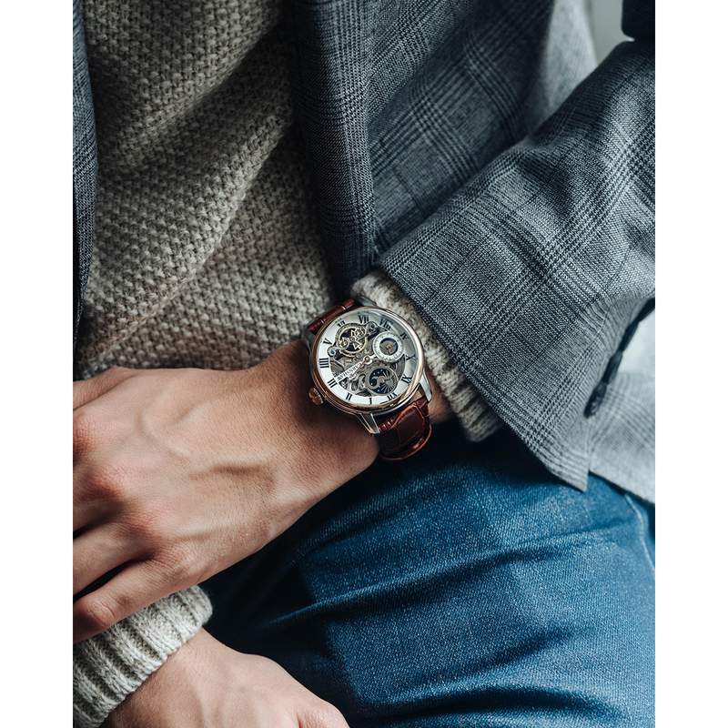 Montre EARNSHAW Longitude homme automatique acier bracelet cuir marron - vue porté 2