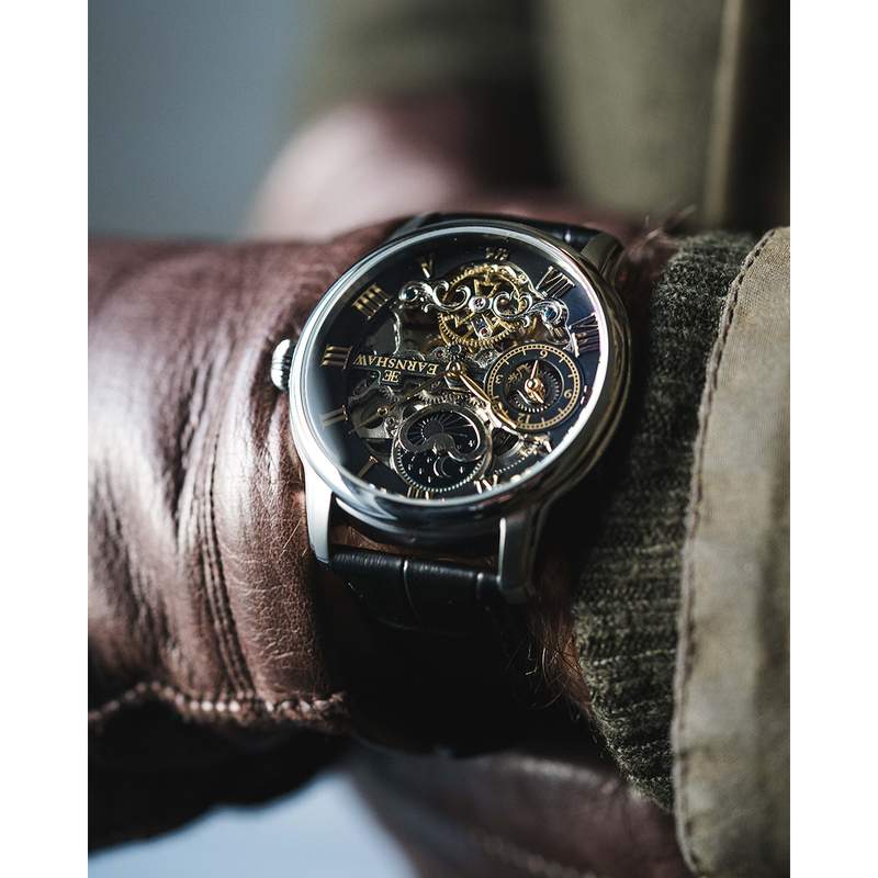 Montre EARNSHAW Longitude homme automatique acier bracelet cuir noir - vue porté 2