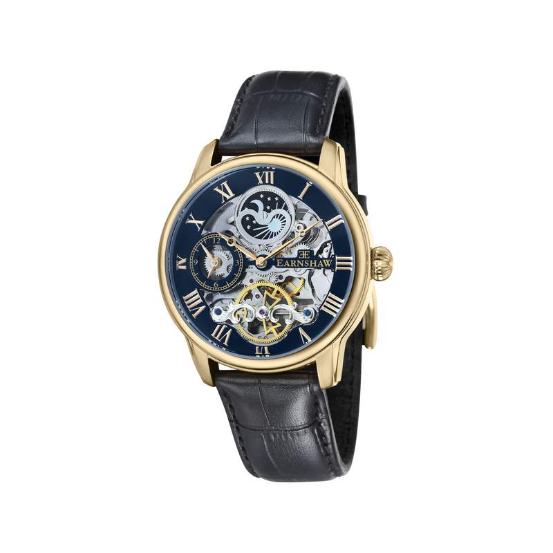 Montre EARNSHAW Longitude homme automatique acier doré bracelet cuir noir - vue 1
