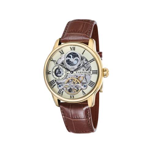 Montre EARNSHAW Longitude homme automatique acier doré bracelet cuir marron