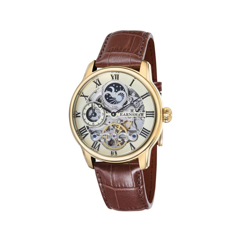 Montre EARNSHAW Longitude homme automatique acier doré bracelet cuir marron - vue 1