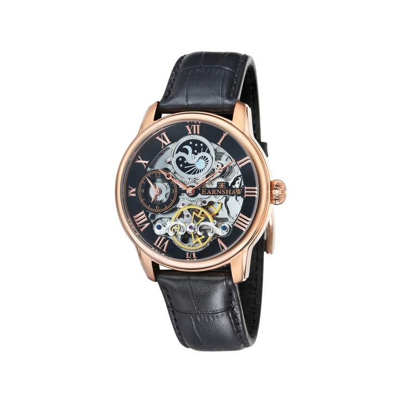 Montre EARNSHAW longitude homme automatique acier doré rose bracelet cuir noir - vue 1