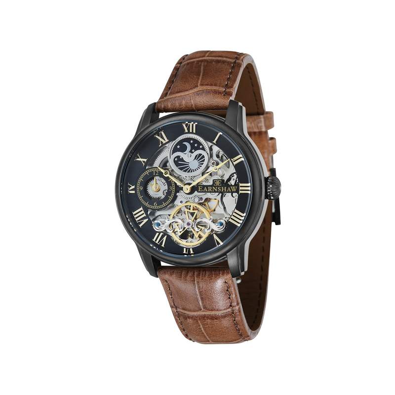 Montre EARNSHAW Longitude homme automatique acier noir bracelet cuir marron - vue 1