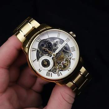 EARNSHAW Longitude automatisch herenhorloge zwart staal bruin lederen band