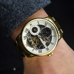 Montre EARNSHAW Longitude homme automatique acier noir bracelet cuir marron - vue porté 1