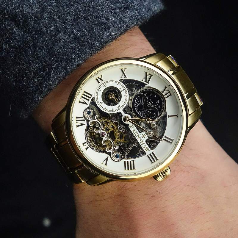 Montre EARNSHAW Longitude homme automatique acier noir bracelet cuir marron - vue porté 1