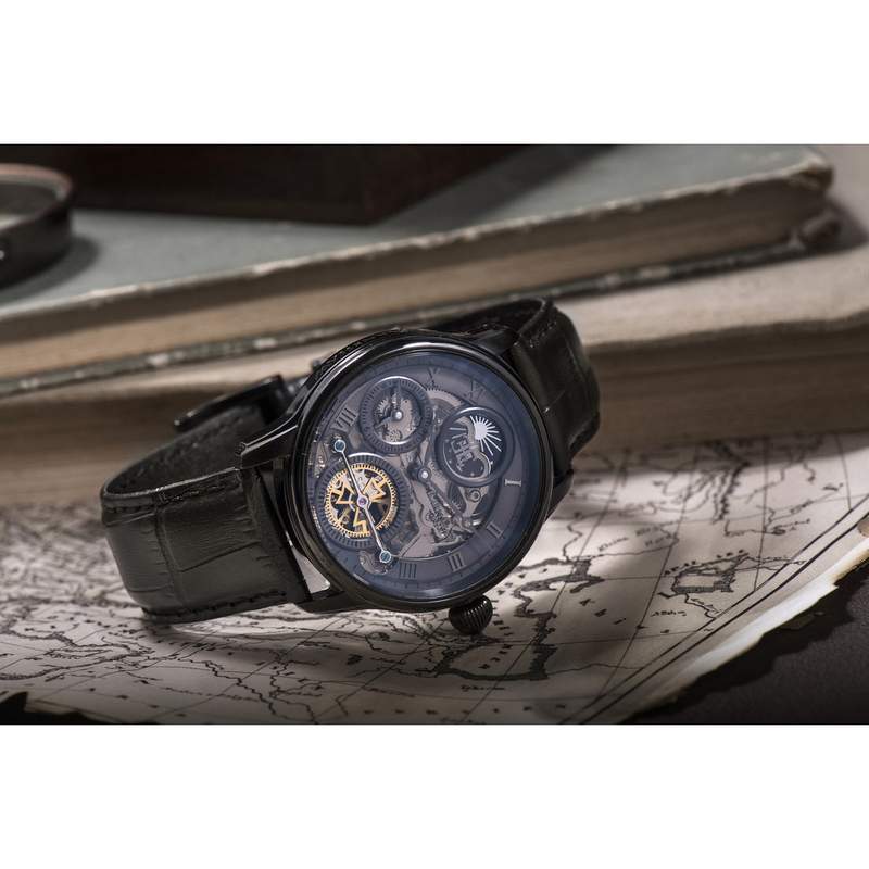 Montre EARNSHAW Longitude Shadow homme automatique acier noir bracelet cuir noir - vue D1
