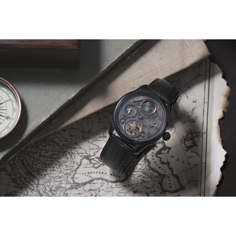 Montre EARNSHAW Longitude Shadow homme automatique acier noir bracelet cuir noir - vue D2