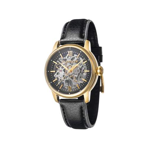 Montre EARNSHAW Cornwall homme automatique acier doré bracelet cuir noir