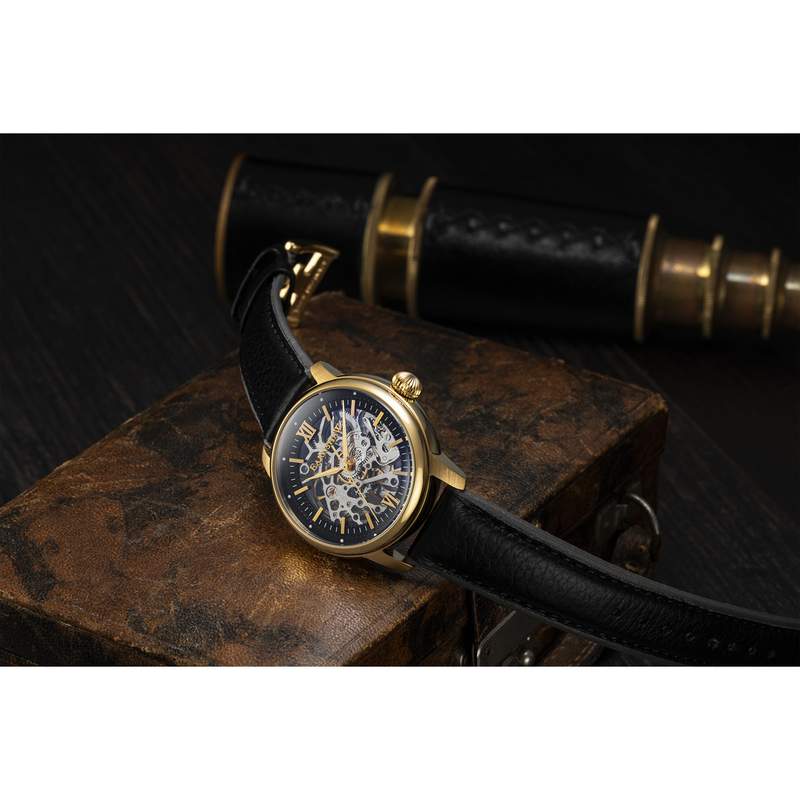 Montre EARNSHAW Cornwall homme automatique acier doré bracelet cuir noir - vue D1