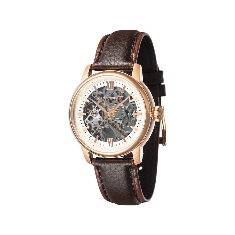 Montre EARNSHAW Cornwall homme automatique acier doré rose bracelet cuir marron - vue 1