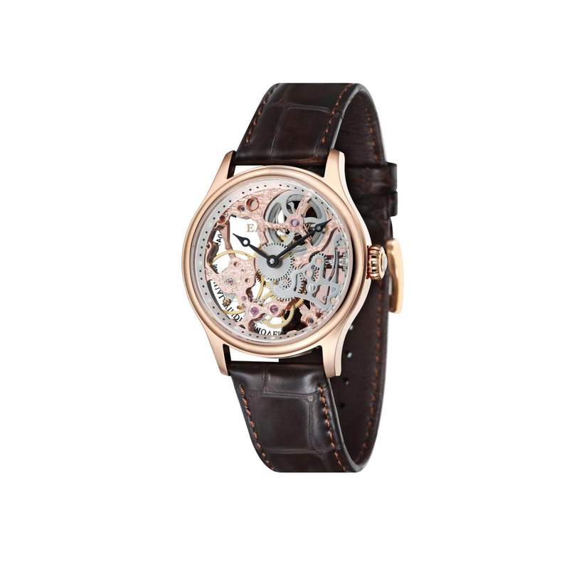 Montre EARNSHAW Bauer homme automatique acier doré rose bracelet cuir marron foncé - vue 1