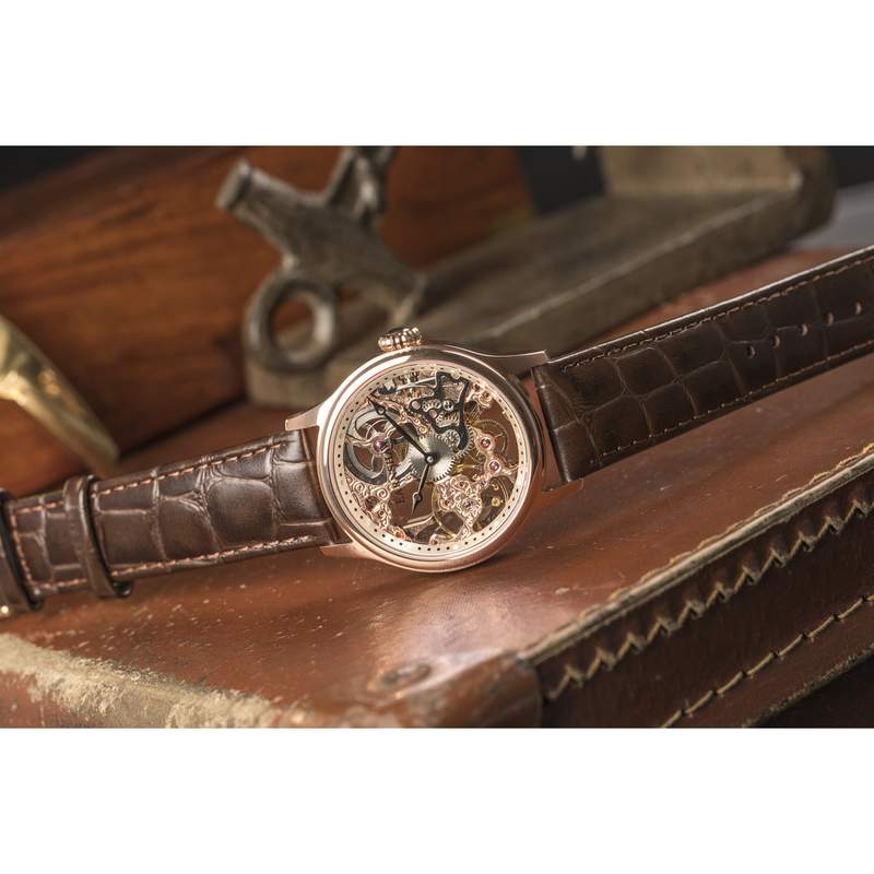 Montre EARNSHAW Bauer homme automatique acier doré rose bracelet cuir marron foncé - vue D1
