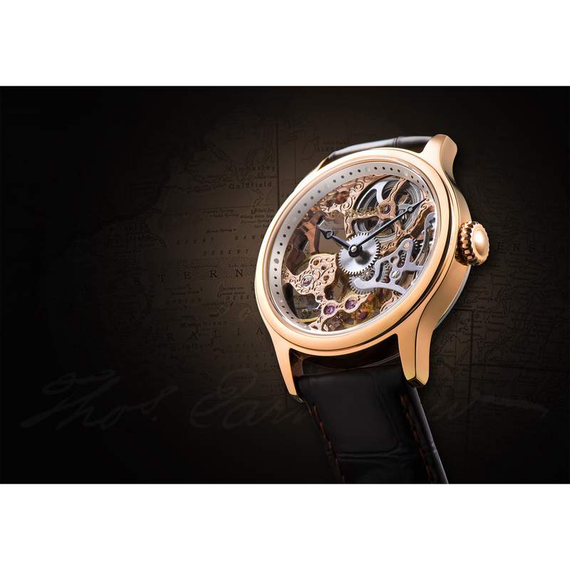 Montre EARNSHAW Bauer homme automatique acier doré rose bracelet cuir marron foncé - vue D2