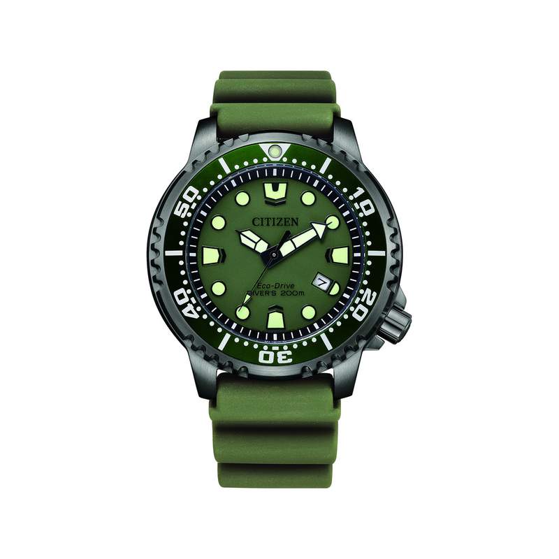 Montre CITIZEN promaster marine homme eco-drive acier bracelet silicone vert olive - vue 1