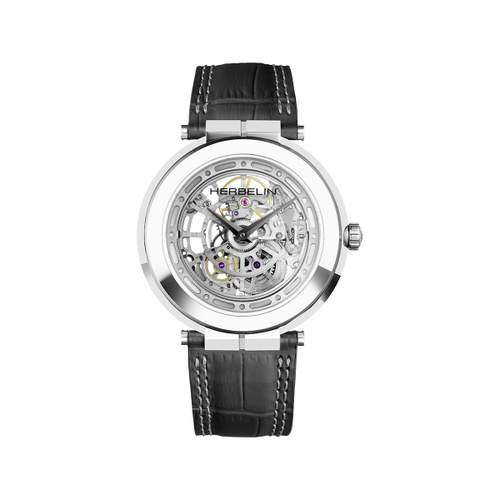 HERBELIN Newport Slim Men's Automatic Watch, Stainless Steel with Black Leather Strap. Limited Edition
