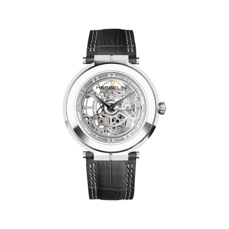 Montre HERBELIN Newport Slim homme automatique acier bracelet cuir noir. Edition limitée - vue 1
