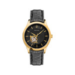 PIERRE LANNIER herenhorloge, automatisch, geelverguld staal, zwarte leren band - afbeelding 1