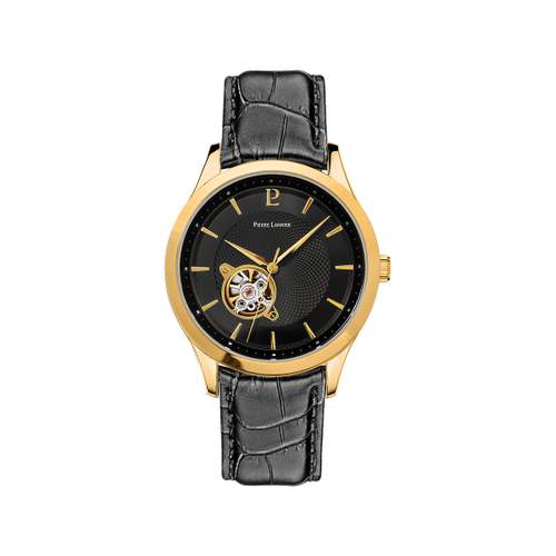 Montre PIERRE LANNIER fleuret homme automatique acier doré jaune bracelet cuir noir