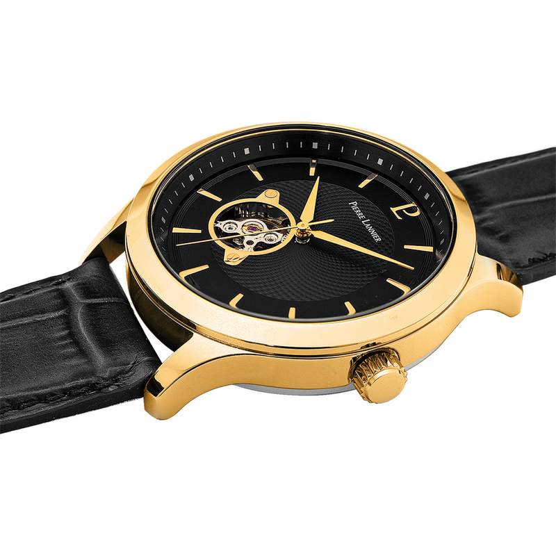 Montre PIERRE LANNIER fleuret homme automatique acier doré jaune bracelet cuir noir - vue 2