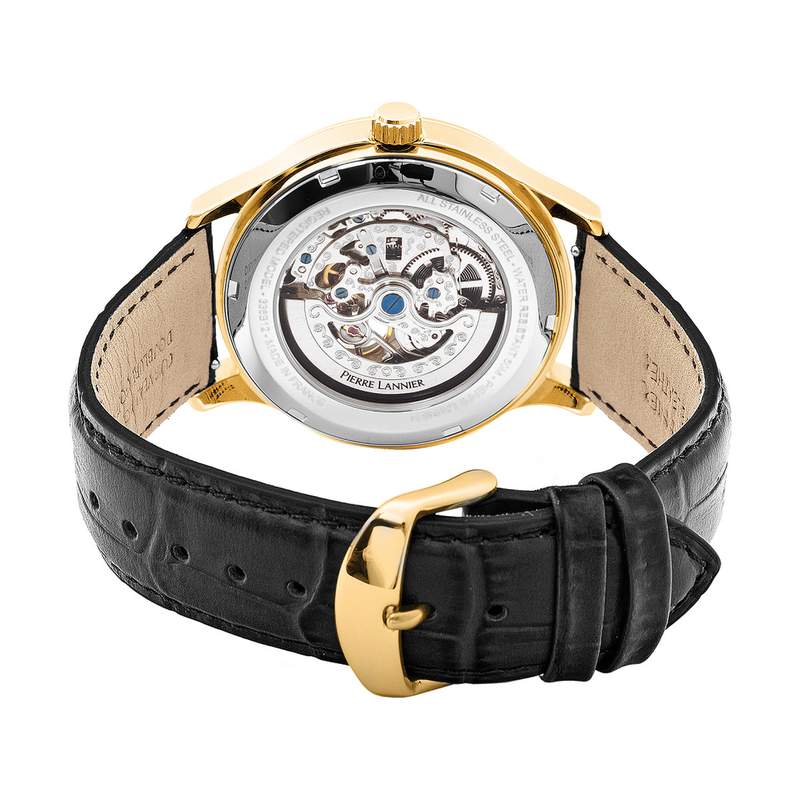 Montre PIERRE LANNIER fleuret homme automatique acier doré jaune bracelet cuir noir - vue 3