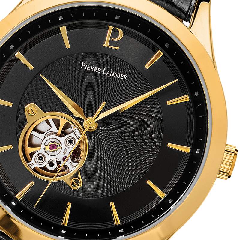 Montre PIERRE LANNIER fleuret homme automatique acier doré jaune bracelet cuir noir - vue D1