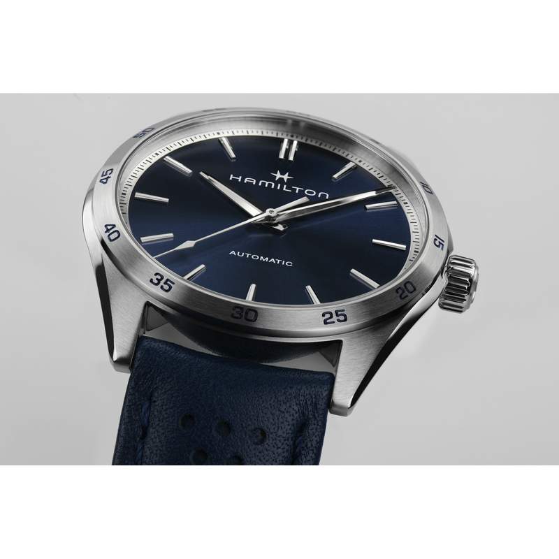 Montre HAMILTON Jazzmaster homme automatique acier  bracelet cuir bleu - vue D1