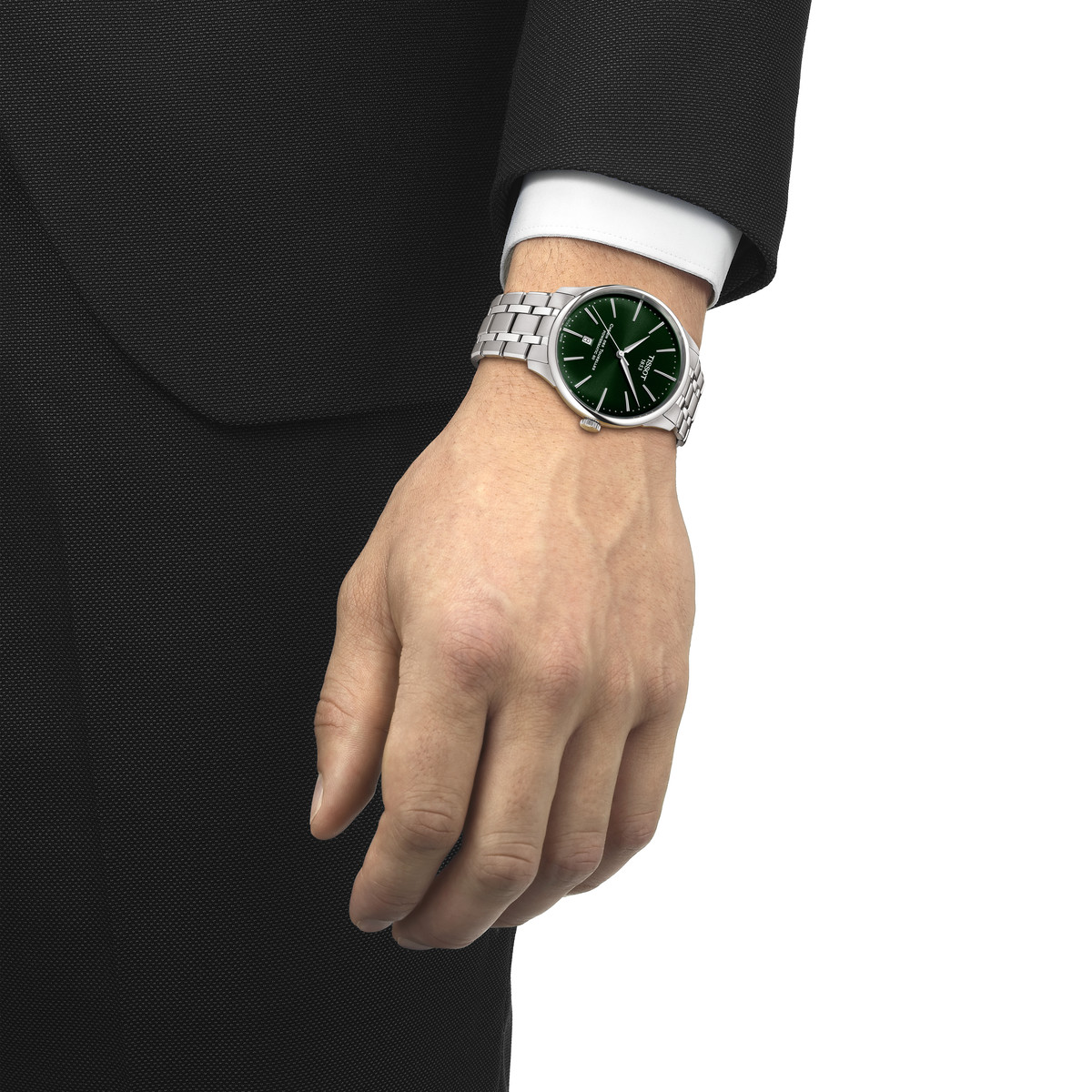 Montre TISSOT t-classic homme automatique bracelet acier gris - vue porté 1