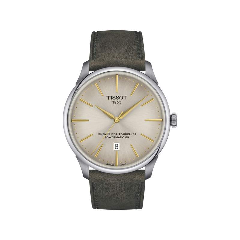 Montre TISSOT t-classic homme automatique acier bracelet cuir vert - vue 1