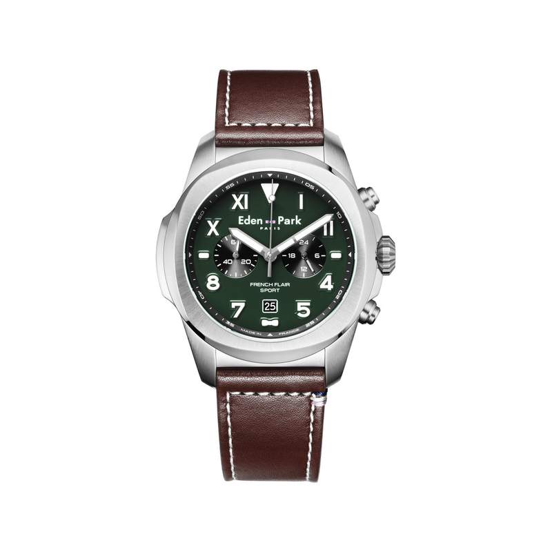 Montre EDEN PARK Sport homme acier bracelet cuir brun - vue 1