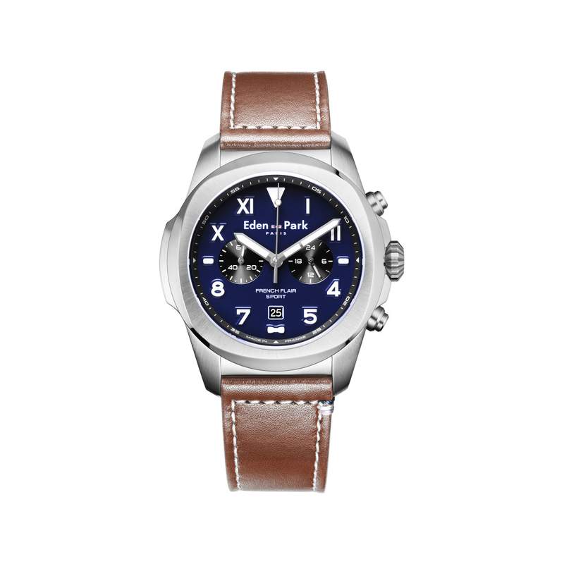 Montre EDEN PARK Sport homme acier bracelet cuir marron - vue 1