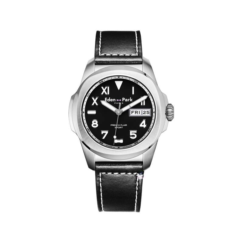 Montre EDEN PARK Sport homme acier bracelet cuir noir - vue 1