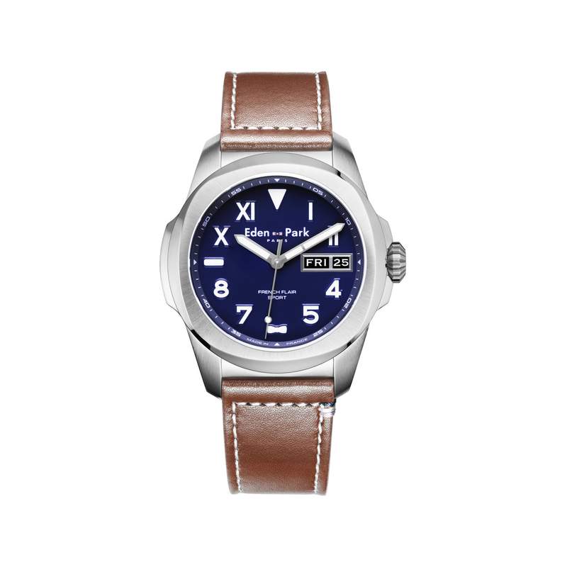 EDEN PARK Sport herenhorloge van staal met bruine leren band - afbeelding 1