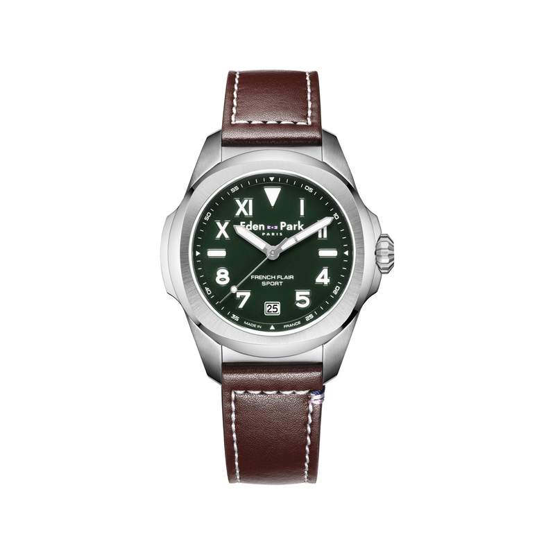 Montre EDEN PARK Sport homme acier bracelet cuir brun - vue 1