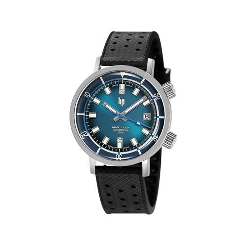 Montre LIP Grande Nautic-Océan homme automatique cadran bleu, bracelet caoutchouc noir, boitier acier inoxydable