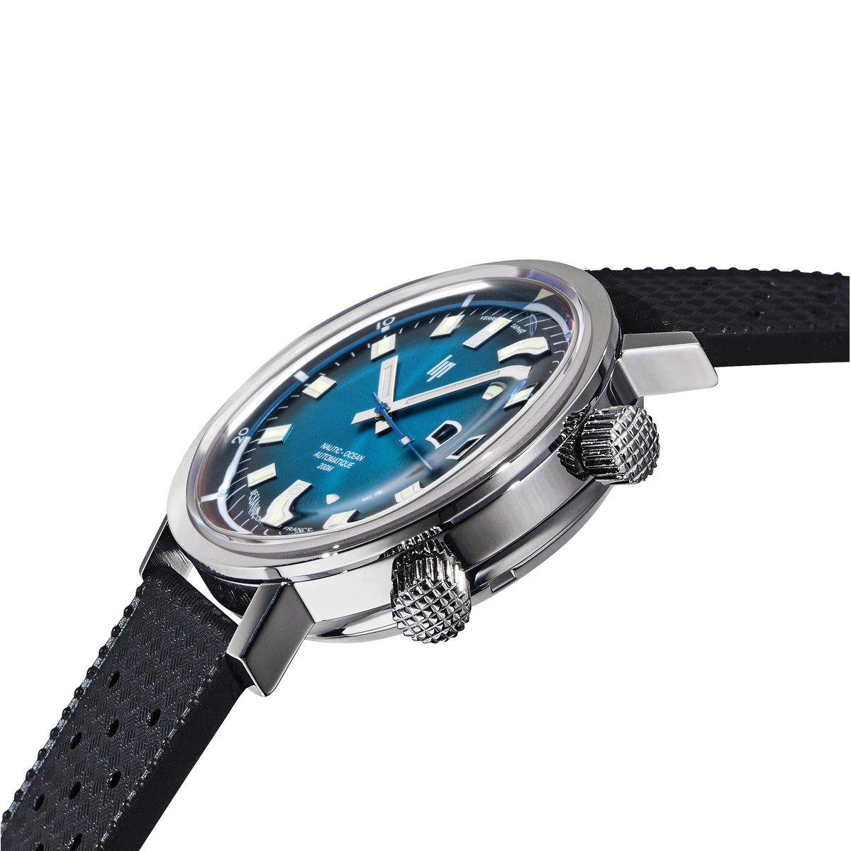 Montre LIP Grande Nautic-Océan homme automatique cadran bleu, bracelet caoutchouc noir, boitier acier inoxydable - vue D2