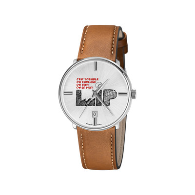 Montre LIP C'est possible homme cadran gris bracelet cuir marron boitier acier - vue 1